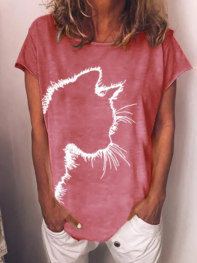 Women's Cat Print Crew Neck Short Sleeve T-shirt