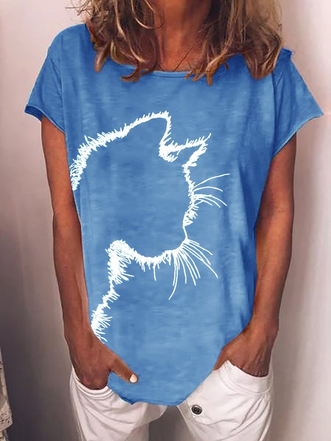 Women's Cat Print Crew Neck Short Sleeve T-shirt