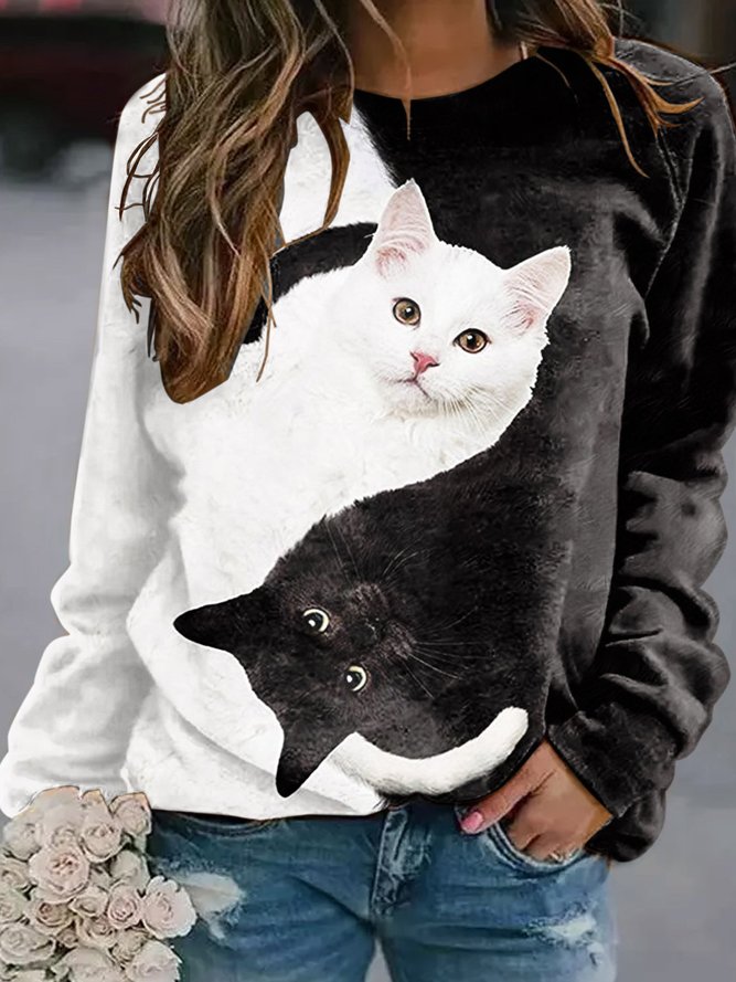 Women YinYan Cat Crew Neck Cotton-Blend Casual Sweatshirt