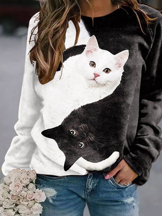 Women YinYan Cat Crew Neck Cotton-Blend Casual Sweatshirt