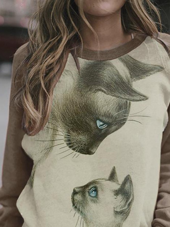 color block cat print sweatshirt