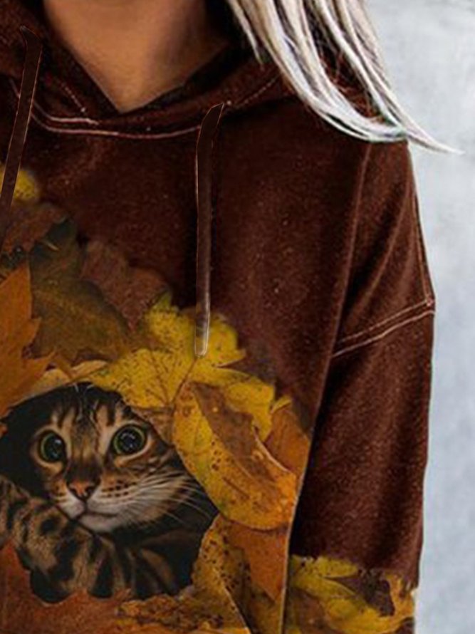 Animal print long-sleeved cotton blend casual hoodie cat pattern Sweatshirts