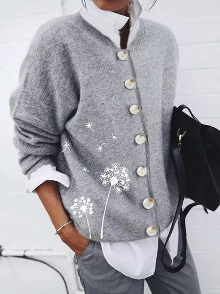 JFN Floral Print Button Design Long Sleeve Sweater