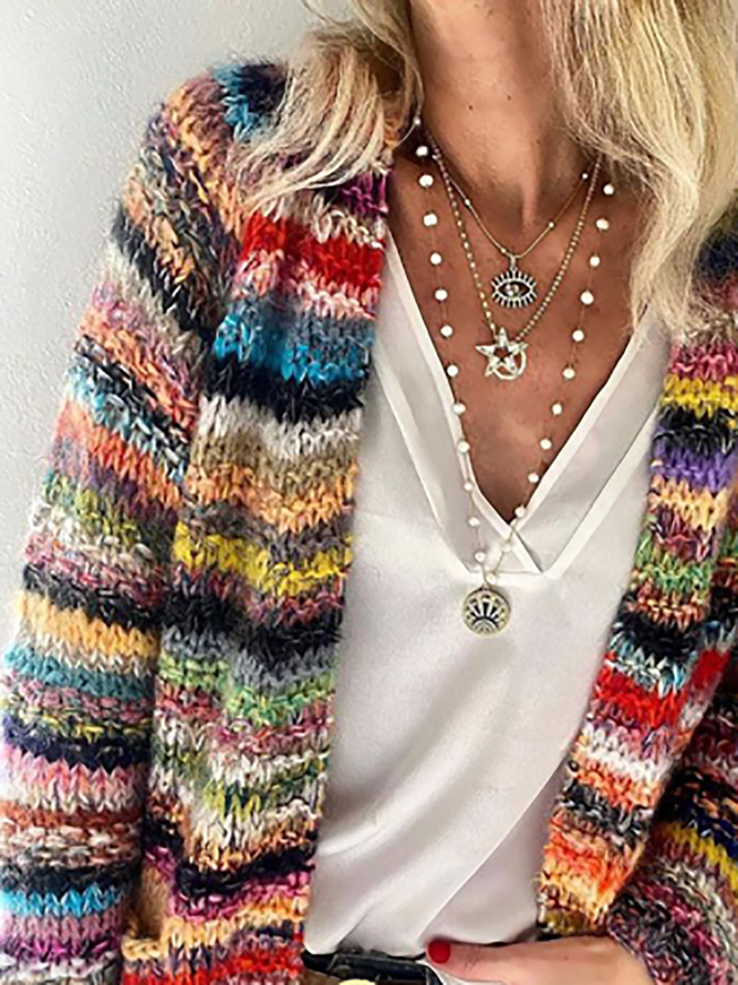 Women's Rainbow Striped Sweater Pocket Design Knit Cardigan 