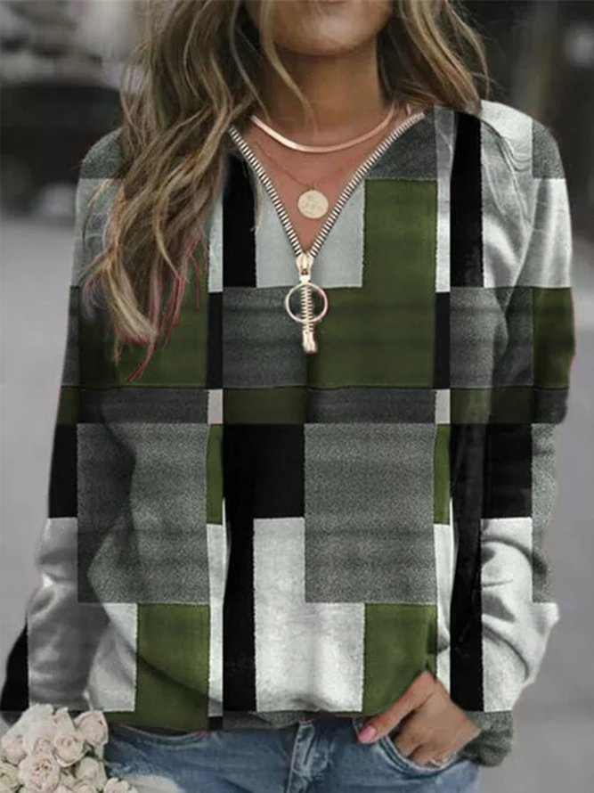 Long Sleeve Checkered/plaid V Neck Cotton-Blend Tops