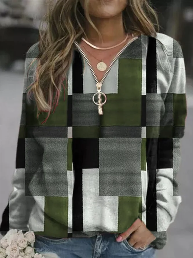 Long Sleeve Plaid V Neck Cotton-Blend Top