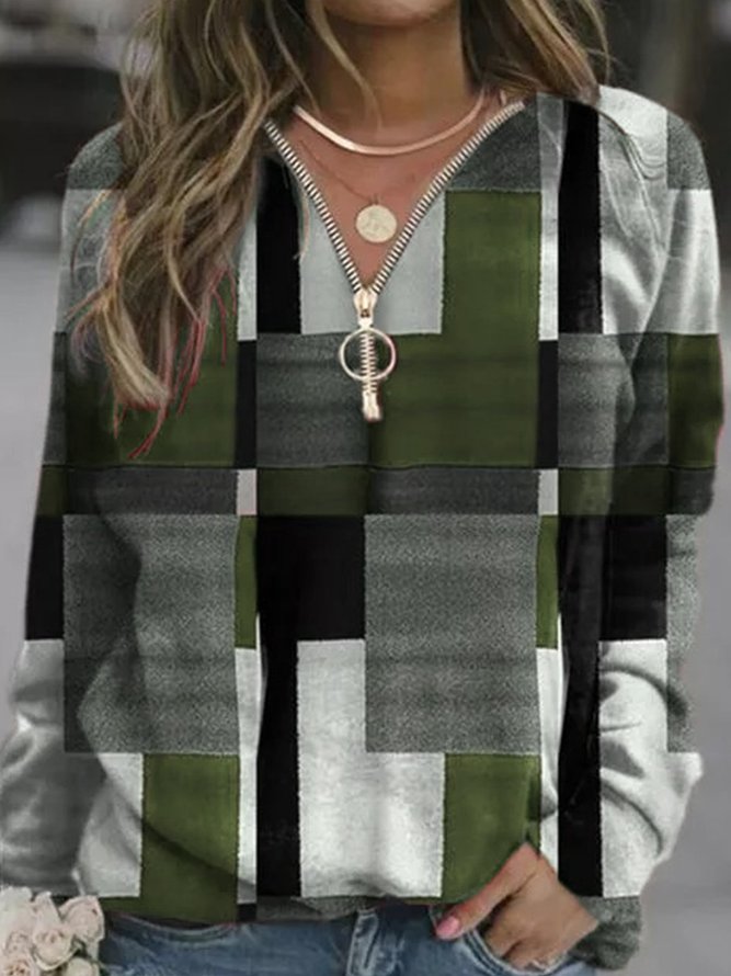 Long Sleeve Plaid V Neck Cotton-Blend Top