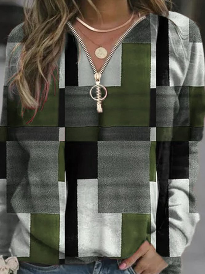 Long Sleeve Plaid V Neck Cotton-Blend Top