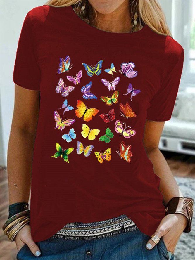 Butterfly Printed Crew Neck Casual T-Shirts