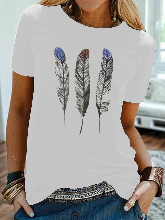 Feather Printed Casual Crew Neck T-Shirts