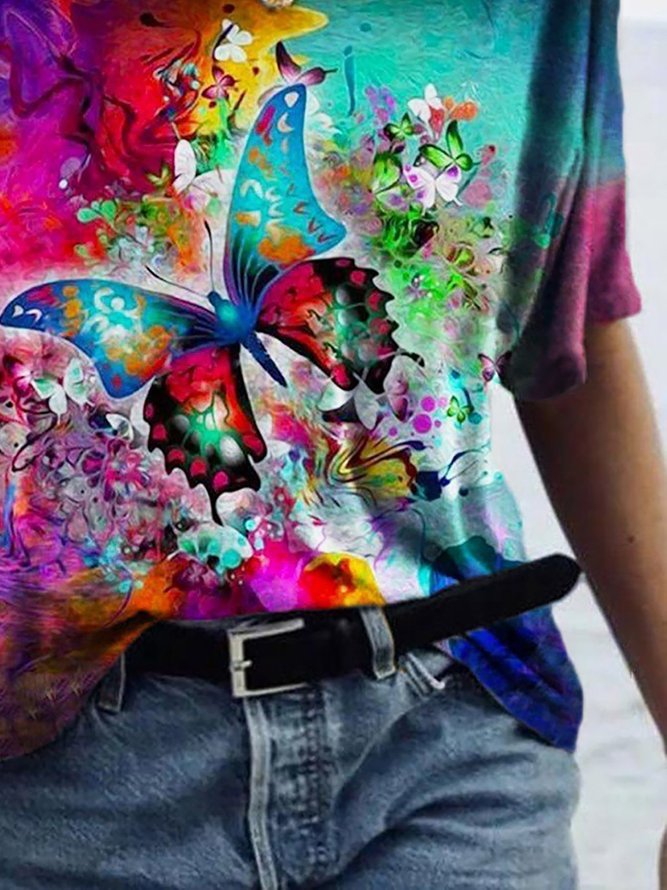 V-Neck Casual Abstract Butterfly Painting Print T-shirt