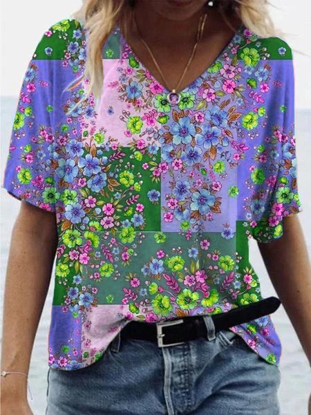 V Neck Short Sleeve Cotton-Blend Floral T-Shirts & Tops