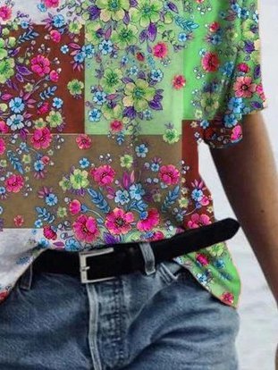 V Neck Short Sleeve Cotton-Blend Floral T-Shirts & Tops