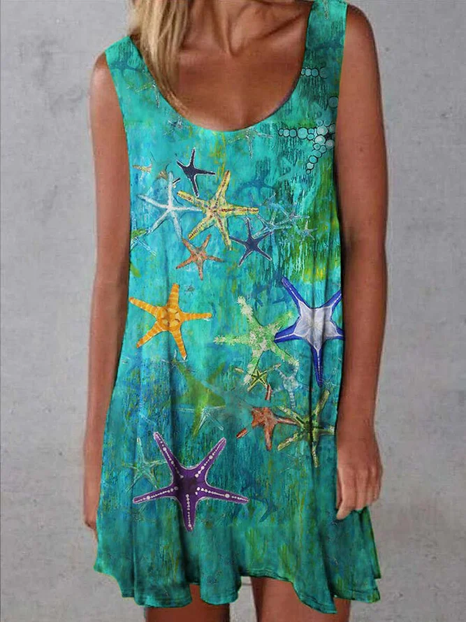 JFN Crew Neck Designer oil painting starfish print dress