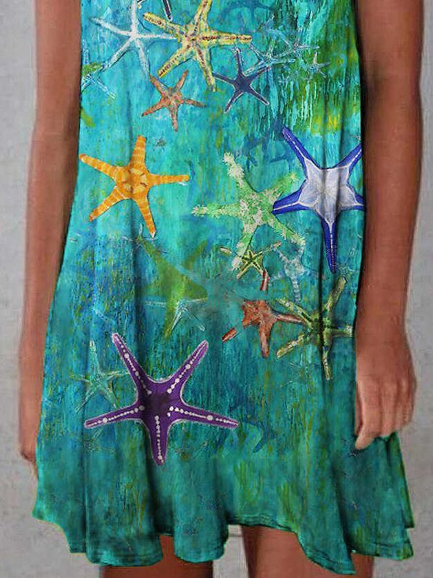 JFN Crew Neck Designer oil painting starfish print dress