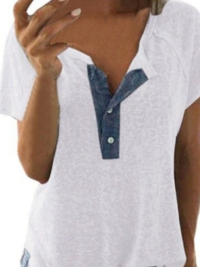Women Gray V neck Paneled Short Sleeve T-Shirt