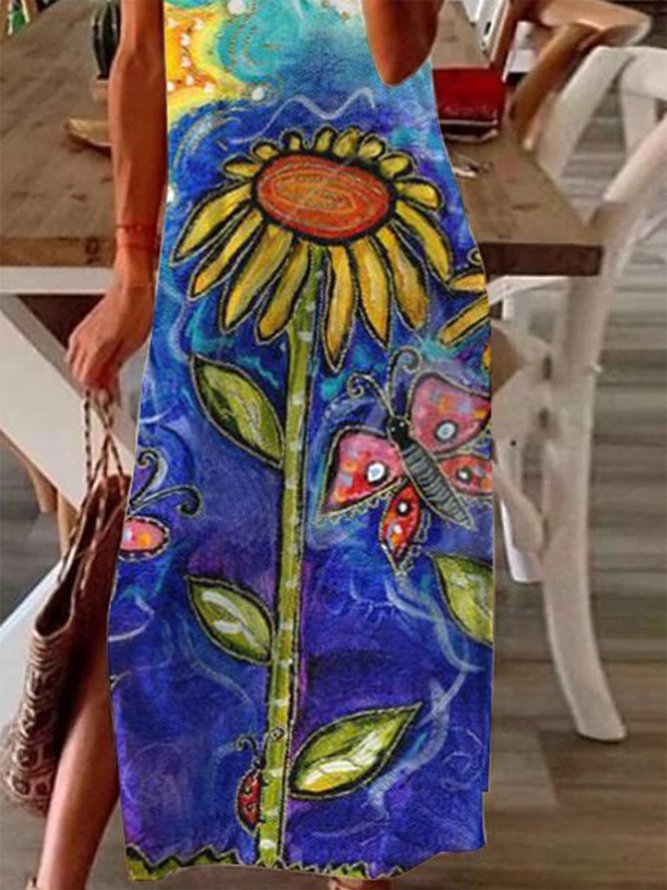 Casual Cotton-Blend Sunflower A-Line Knitting Dress