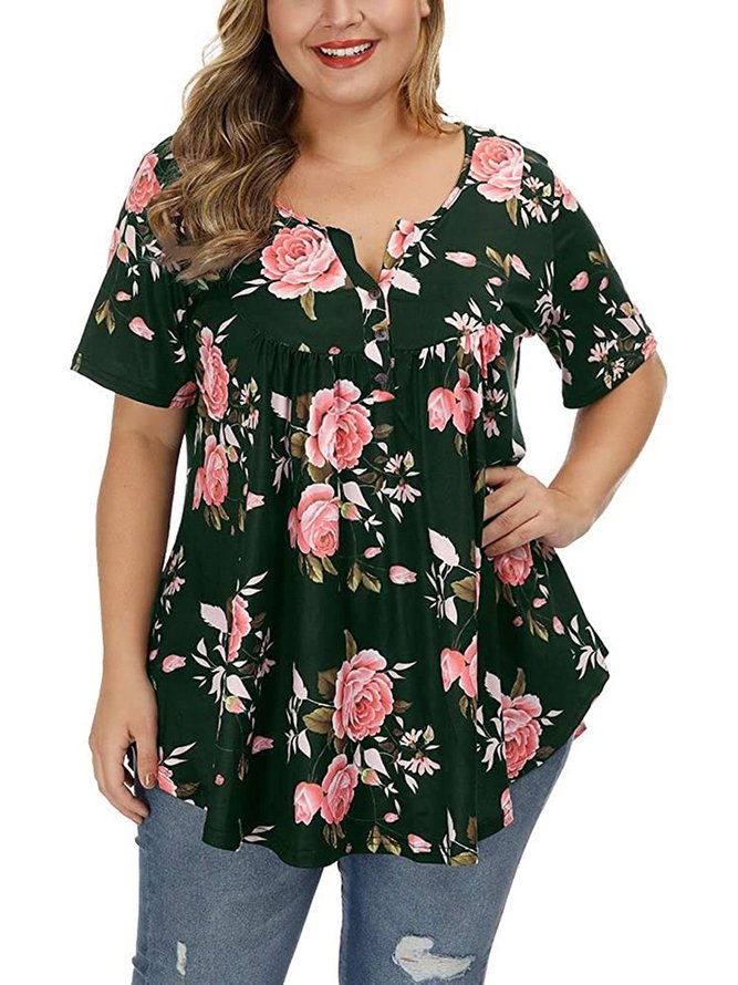 Green Floral Cotton Casual Tops