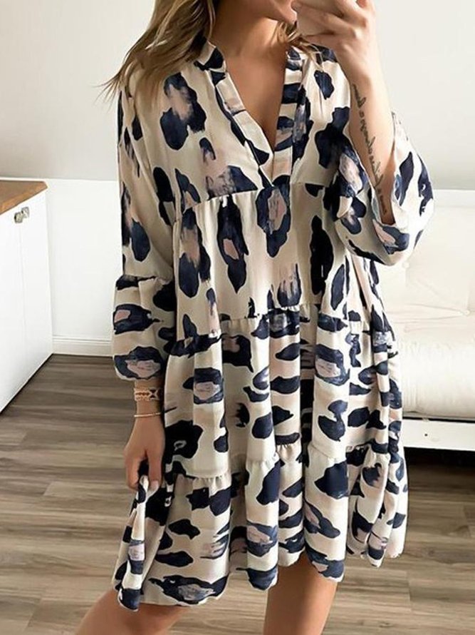 V Neck Long Sleeve Leopard Cotton-Blend Dresses