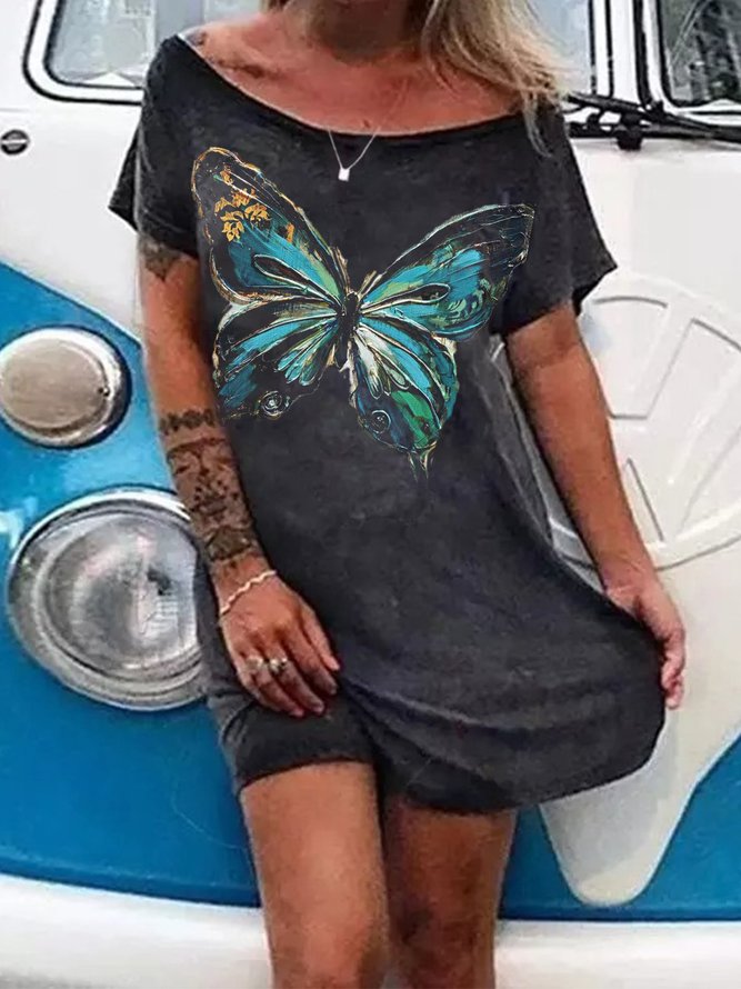 Shift O-Neck Casual Butterfly Dresses