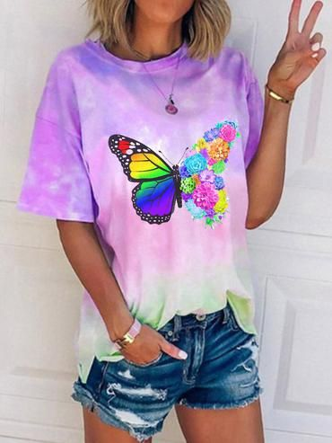 Butterfly Crew Neck Casual Shirts & Tops