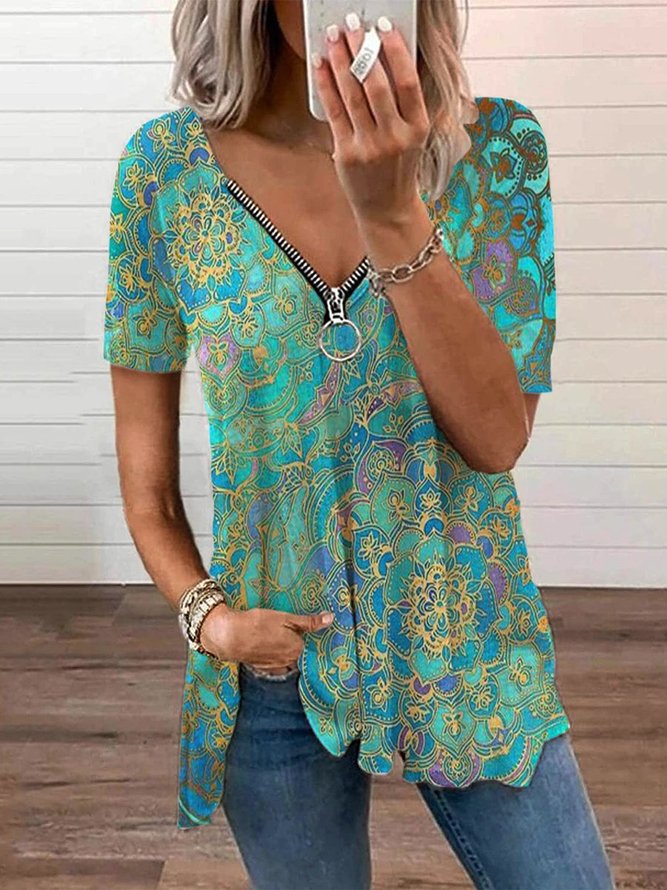 Short Sleeve Statement Tops Women's Clothing Polyester Cotton