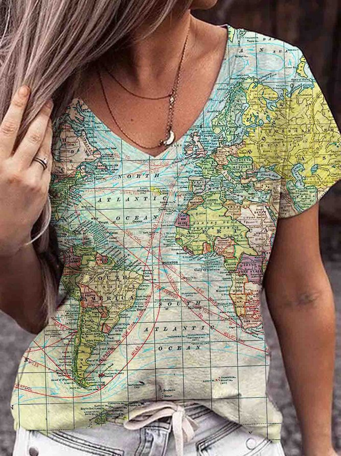 Casual World Map Print Short Sleeve V Neck T-shirt