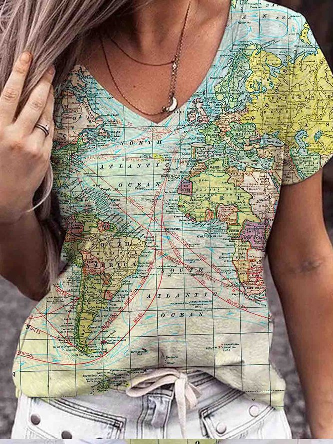 Casual World Map Print Short Sleeve V Neck T-shirt