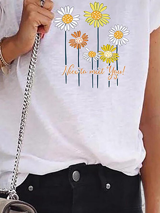 Floral-print Round Neck Short Sleeve Casual T-Shirts