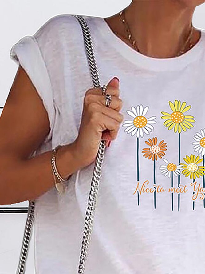Floral-print Round Neck Short Sleeve Casual T-Shirts