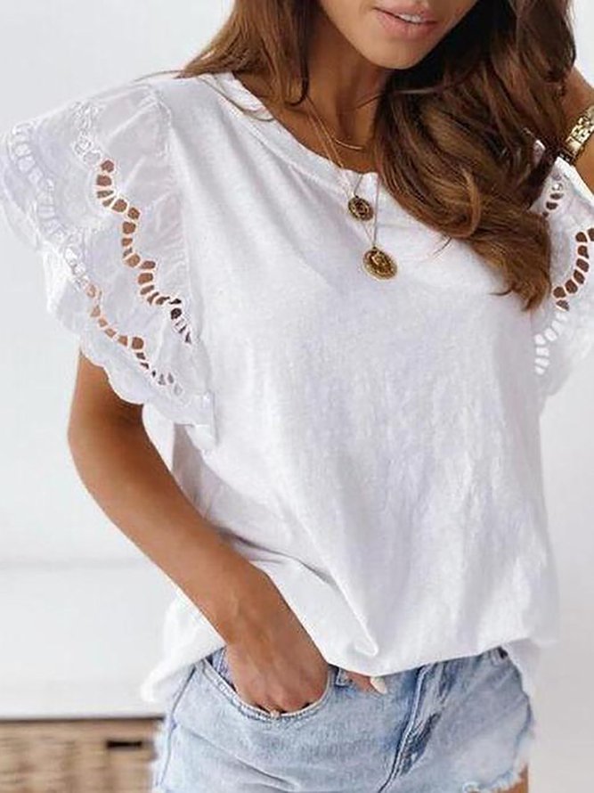 Distinctive Hollow-Out Short Sleeve Holiday White Top
