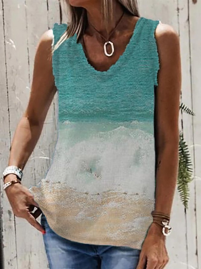 Sleeveless Ombre/tie-Dye Cotton-Blend Casual Tank & Cami