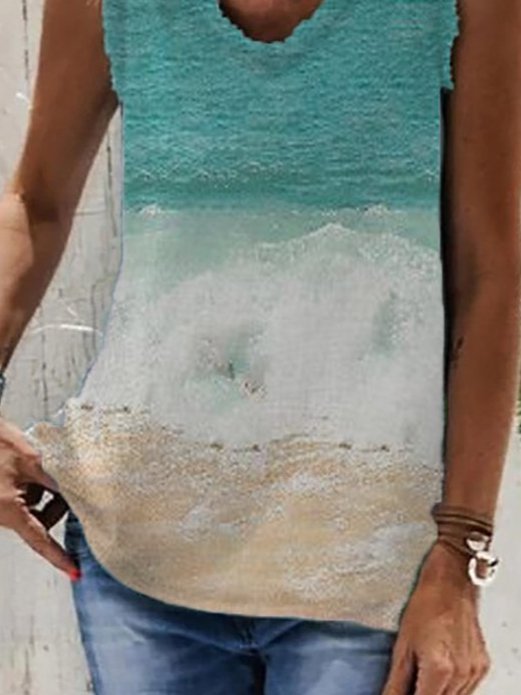 Sleeveless Ombre/tie-Dye Cotton-Blend Casual Tank & Cami