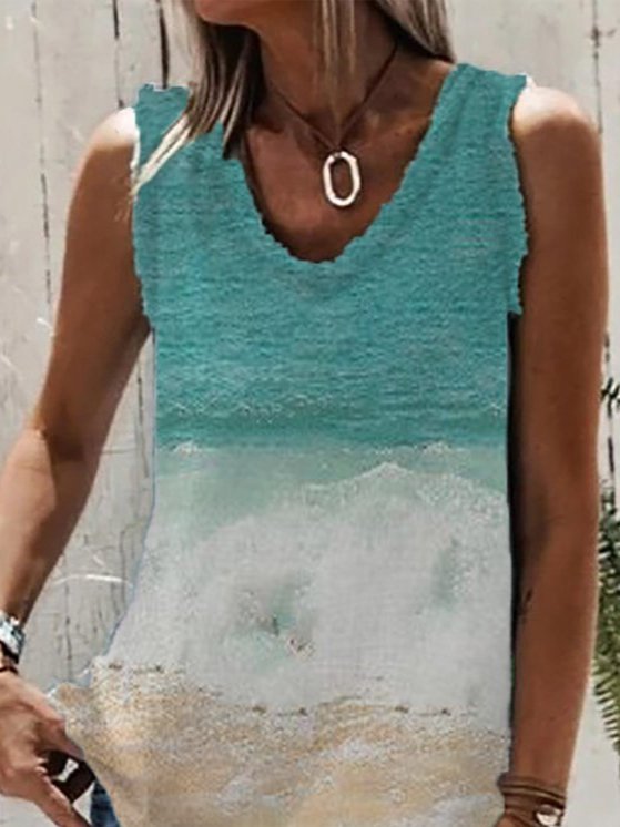 Sleeveless Ombre/tie-Dye Cotton-Blend Casual Tank & Cami