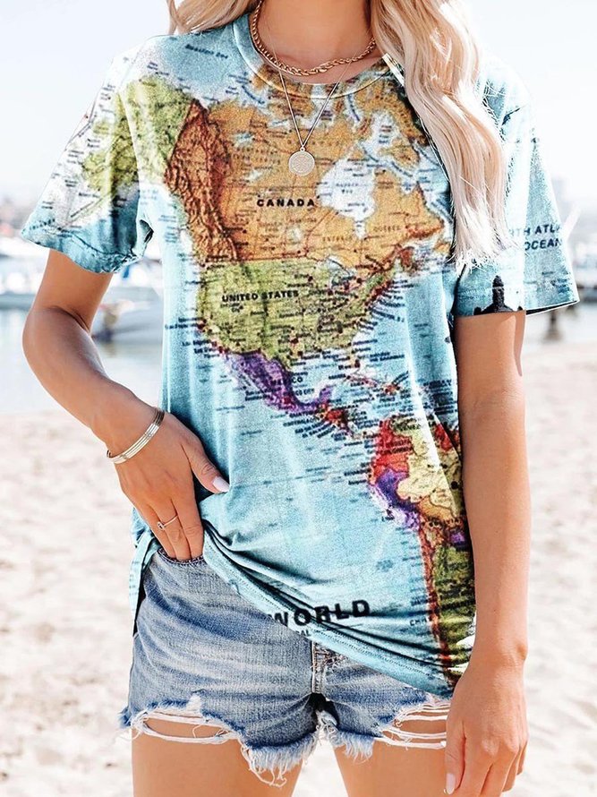 Cotton-Blend Casual Crew Neck Printed T-shirt