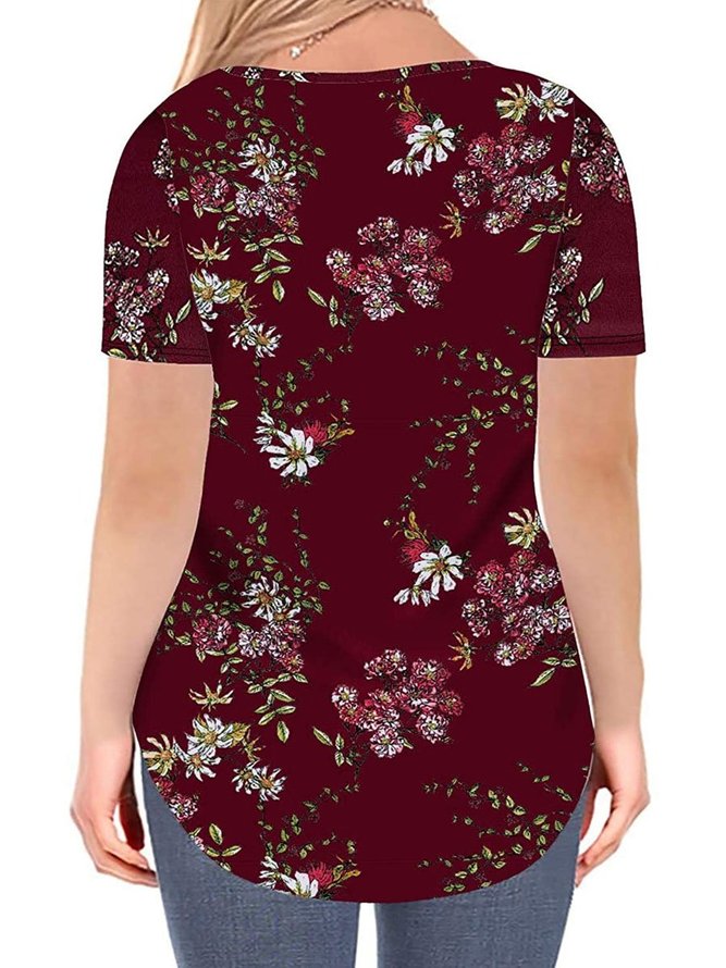 Women's Plus Size L-6XL Floral Tops V Neck T-Shirts Short Sleeve Casual Tees