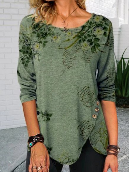 Women Casual Floral Printed Long Sleeve Crew Neck Tunic Top With Irregular Hem 