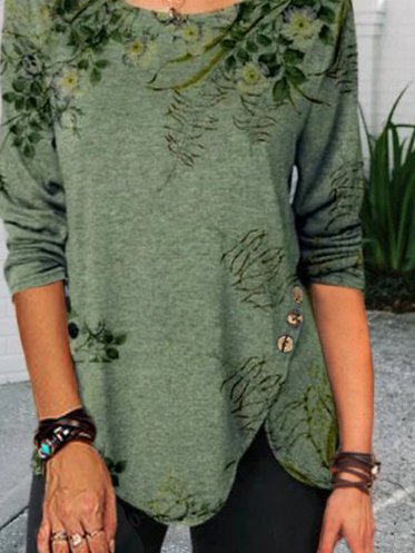 Women Casual Floral Printed Long Sleeve Crew Neck Tunic Top With Irregular Hem 