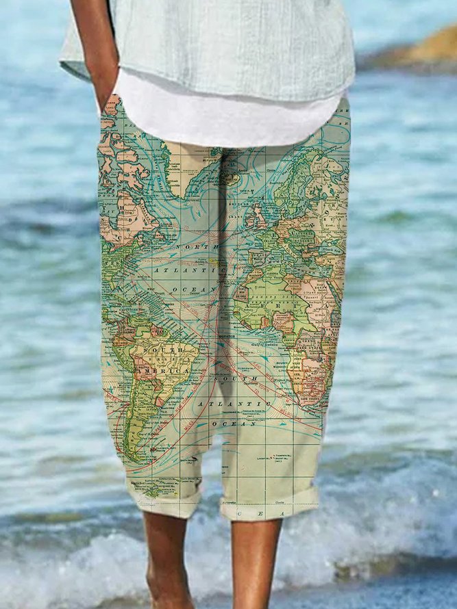 Printed Casual Cotton-Blend map Pants