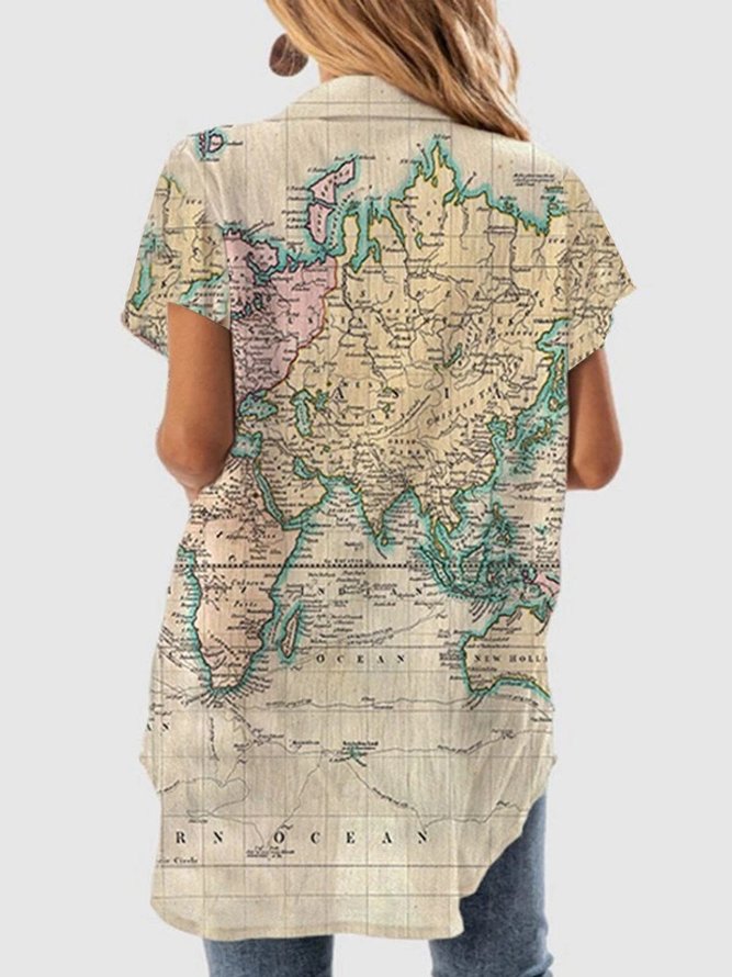 Short Sleeve Printed Casual Cotton-Blend map shirt
