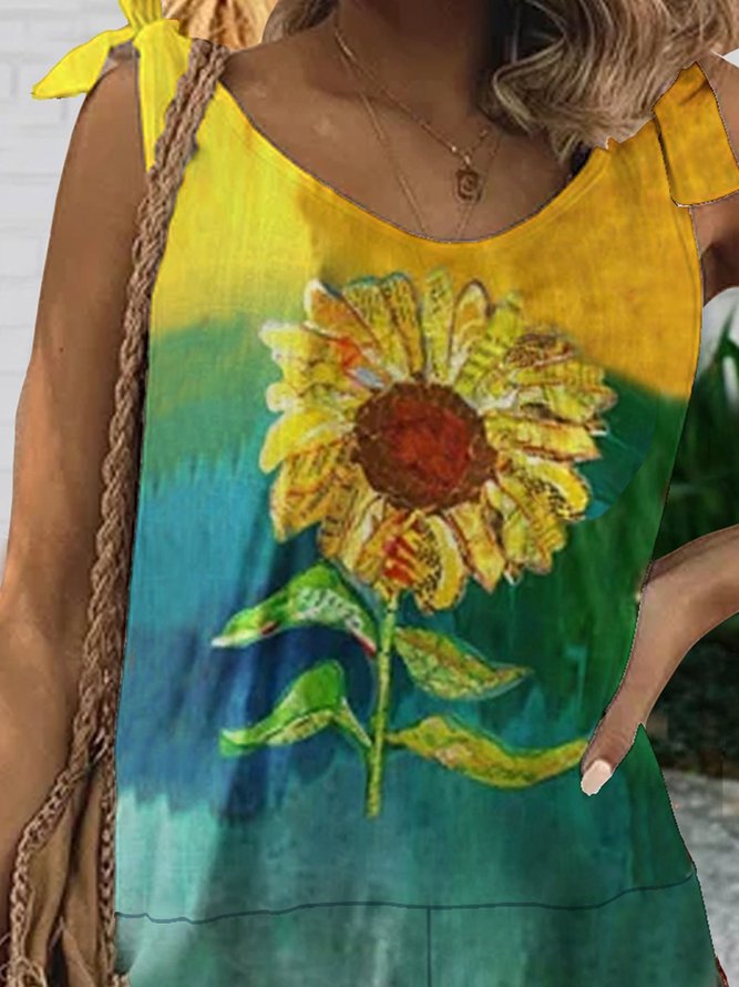 Sleeveless Casual Sunflower Ombre/tie-Dye Jumpsuit & Romper