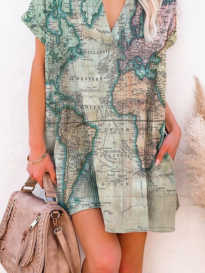 Map Printed Short Sleeve Geometric Dresses