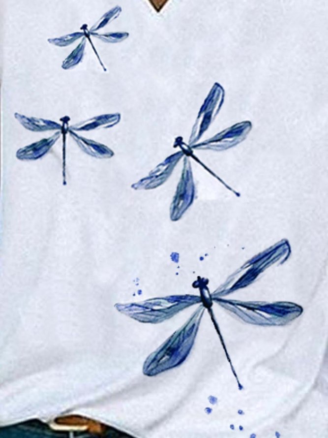 Dragonfly Printing Shift Cotton-Blend V Neck Casual Tanks & Camis