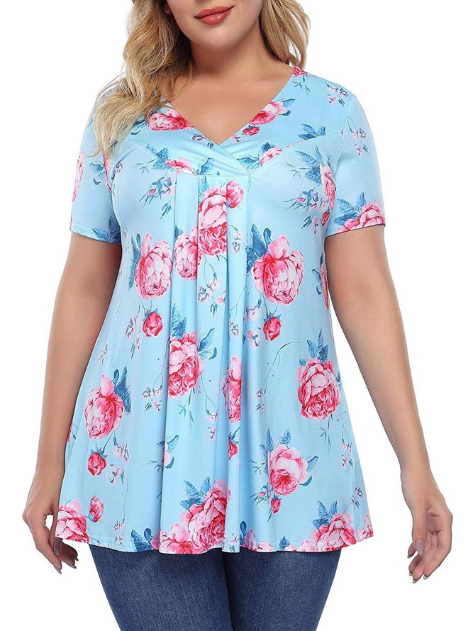 Women Plus Size L-6XL Pleated Henley Tops Floral V-Neck Loose Blouse Casual Tunic Shirt