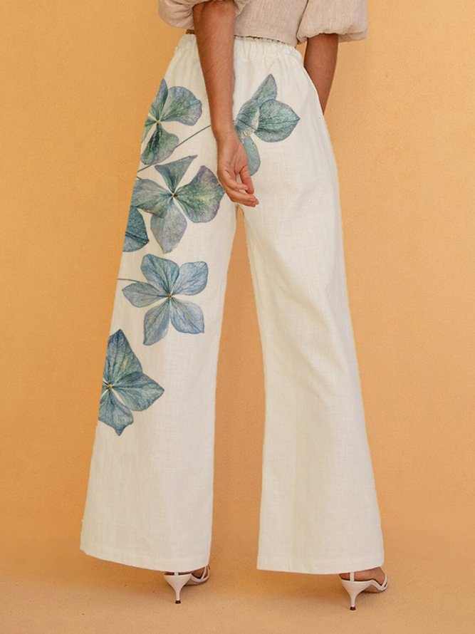 Floral Print Elastic Waist Cotton-Blend Pants