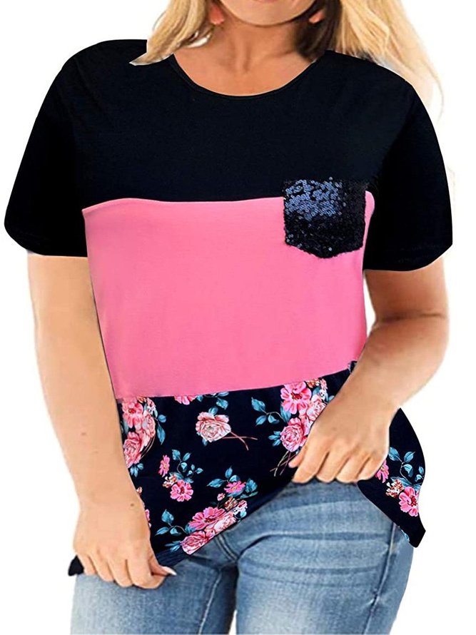 Plus Size L-6XL Tops Short Sleeve Floral Print Color Block  Shirts