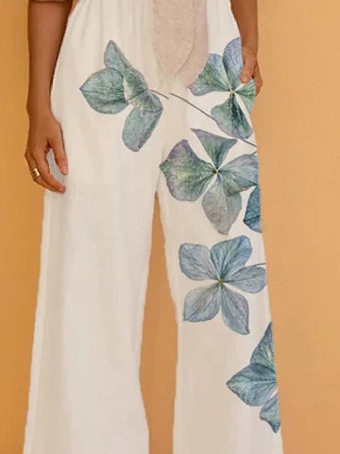 Floral Print Elastic Waist Cotton-Blend Pants
