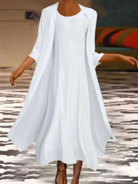 JFN 2PCS Round Neck Solid Casual Dress & Cardigan