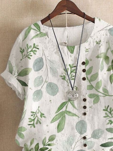 JFN Round Neck Leaves Buttoned Casual Blouse