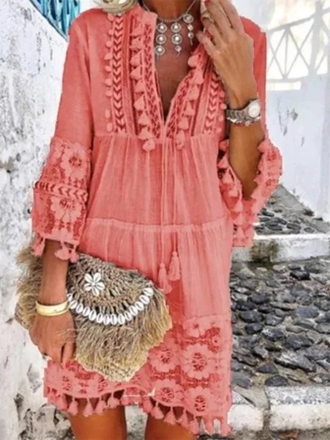 3/4 Sleeve V Neck Holiday Boho Smock Dress